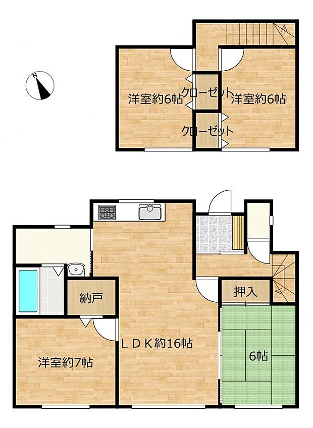 【間取り図】間取りは4LDKの二階建てです。1階に和室1部屋、洋室1部屋、2階は洋室2部屋となっております。各部屋が独立しているので、お子様の勉強部屋としてもお使いいただけます。