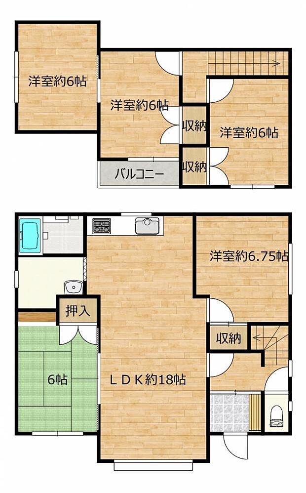 【間取り図】間取りは5LDKの二階建てです。1階に和室1部屋洋室1部屋、2階は洋室3部屋となっております。独立したお部屋はお子様の勉強部屋としてもお使いいただけます。