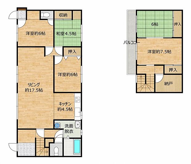 【間取図】間取りは5SLDKの一戸建て住宅です。クロスの貼替や水回りの交換を行い、キレイな住宅になります。全室に収納がありますので、ご家族でも住みやすい住宅です。