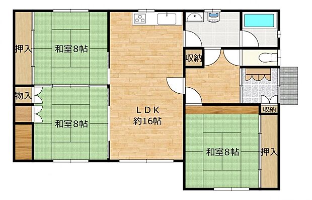 【間取図】間取りは3LDKの一戸建て住宅です。クロスの貼替や水回りの交換を行い、キレイな住宅になります。