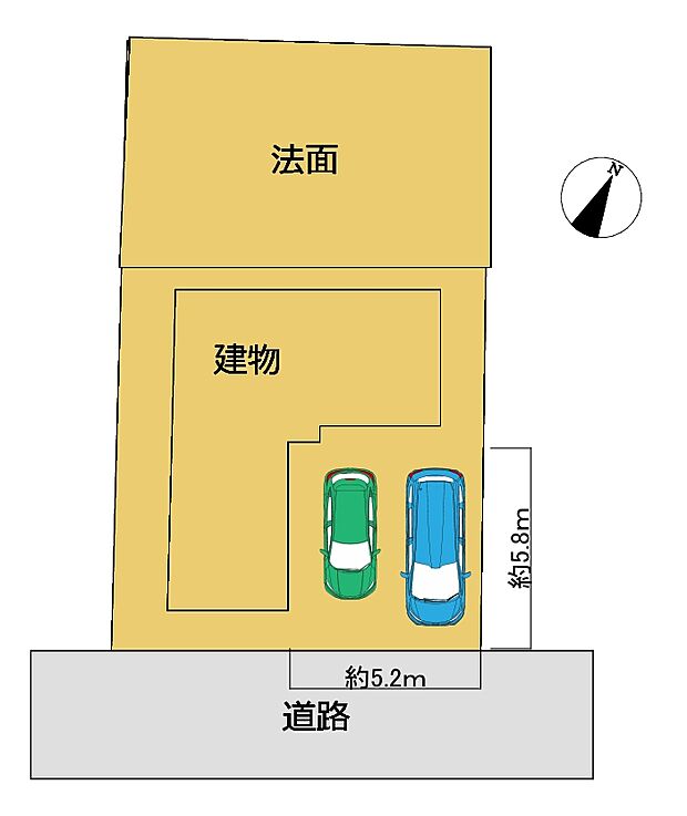 駐車場は普通車2台分のスペースがあります。前面道路の幅員は6mあるので、駐車が苦手な方でも安心ですね。