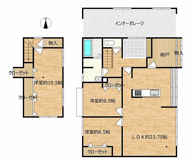 【リフォーム後】間取りは各室収納付きの3SLDK、2階建てです。1階に洋室2部屋、4.5帖の納戸とLDK、2階は10.5帖の洋室1部屋となっております。