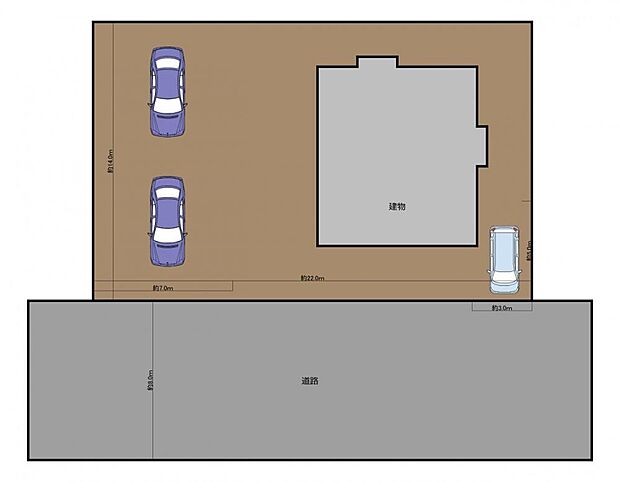 【区画図】縦列で駐車可能です。前面道路は約6ｍありますので、駐車やすれ違いがしやすいですね。