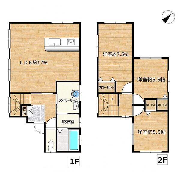 【間取図】リフォーム後の間取図です。間取りは二階建ての3LDKです。1階LDKは対面キッチンを採用しています。また各居室にはクローゼットを設置。収納面にもこだわってリフォームします。