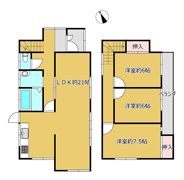 【リフォーム済】間取り図を掲載しております。2階に3部屋ある3LDKの住宅です。3〜4名様家族にいかがでしょうか。
