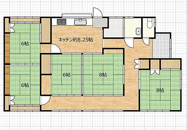 【リフォーム前間取り図】現在は和室中心の間取りで、キッチン部分も独立しておりますが、今回のリフォームでリビングと洋室を造り出します。
