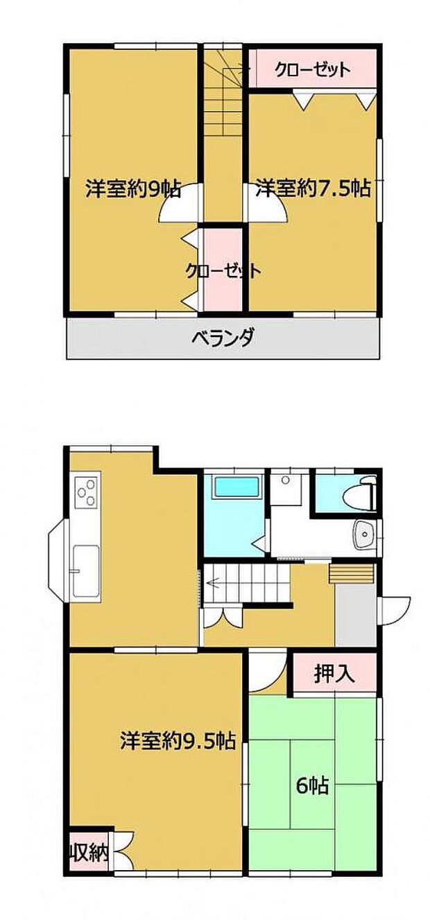 【間取図】間取は3LDKの小ぶりの2階建て住宅です。全室南向きで、陽当たり良好な間取りになっています。