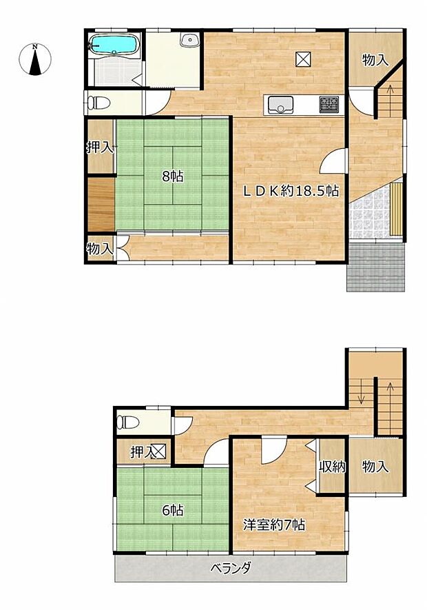 【リフォーム済/間取り図】リフォーム後の間取り図です。1階に和室1部屋とLDK、2階は和室1部屋、洋室1部屋となっております。2階の2部屋は子供部屋や寝室として1階和室は客間として使用できます。少人数