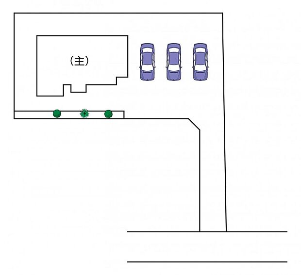 【リフォーム済】道路幅員は約6ｍ。間口は約3ｍになります。駐車スペースは並列3台駐車可能です。