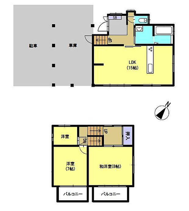 【間取り図】1階には南東向きの明るいリビングがあり、北側に水回りが集中しています。2階は洋室が3部屋あり、うち1部屋は納戸やクローゼットとしても使用可能です。
