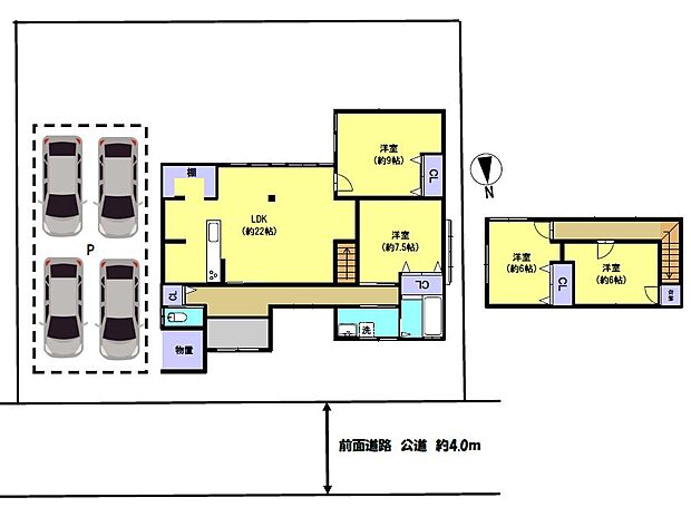 【間取り】4LDKの広々とした住宅です。駐車場から使える物置スペースもあります。