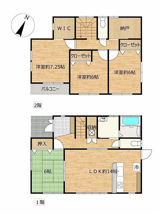全室南向きの4LDKです。1階2階共にトイレがあり、WICや納戸など収納スペースが多く生活しやすい間取りです。