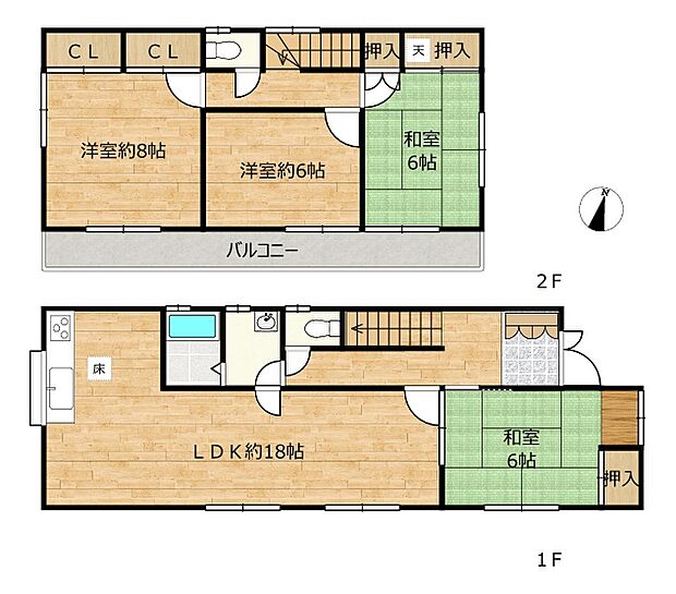 【間取図】1階18畳のリビングに6帖の和室。2階は6帖和室と6帖8帖の洋室があります。ファミリーにおススメの4LDKです。