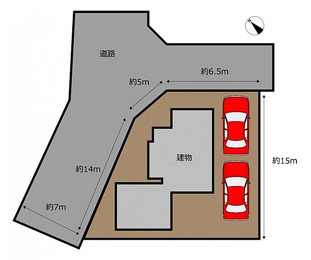 【配置図】北西角地です。駐車場は北東側接道から駐車2台可能です。