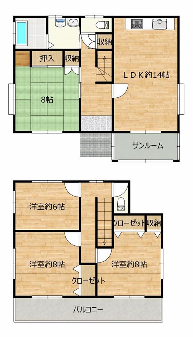 【間取り図】4SLDKの住宅です。建坪32坪の住宅です。クロス貼り、フローリング張り、水回り交換（キッチン・浴室・トイレ・洗面）、間取り変更、他。