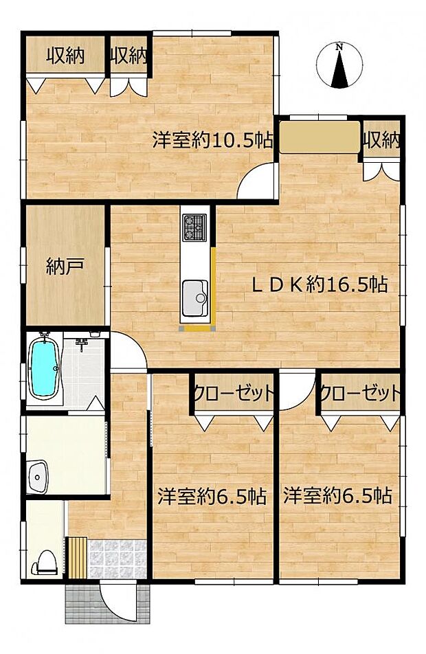 【間取図】3SLDKの平家住宅。各居室収納スペースを確保。お部屋の広さを存分にご活用していただけます。