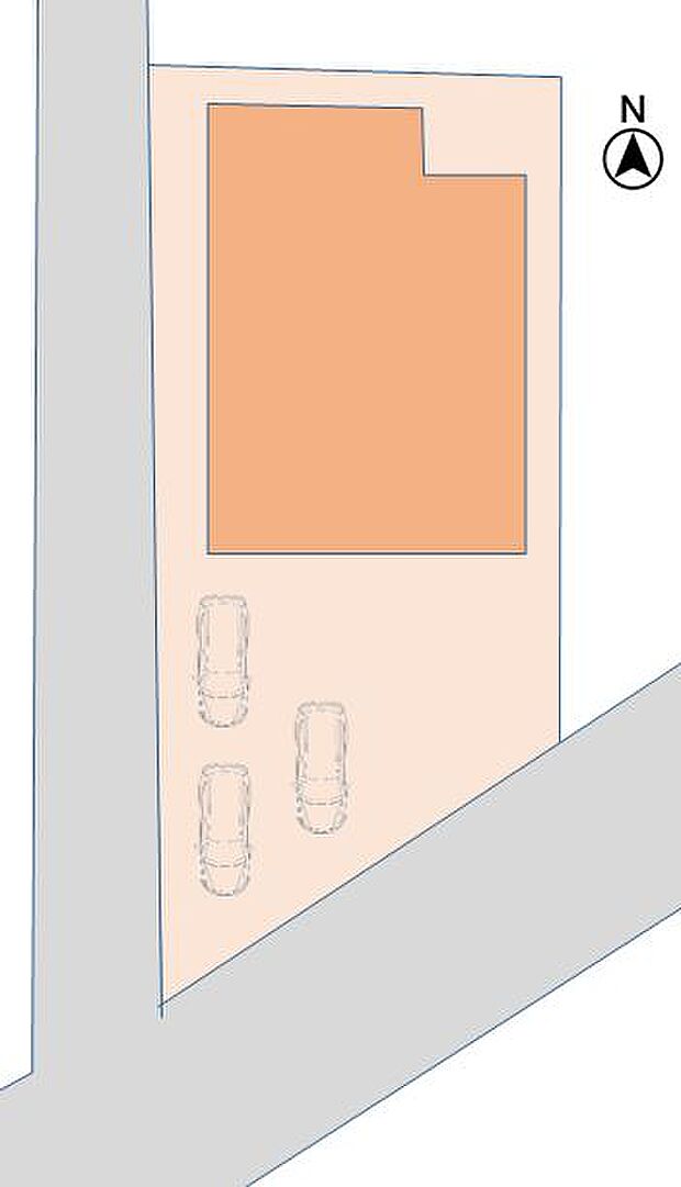 【配置図】駐車は並縦列3台止められます。駐車台数によってはお庭スペースも確保できるので、ぜひご活用ください。