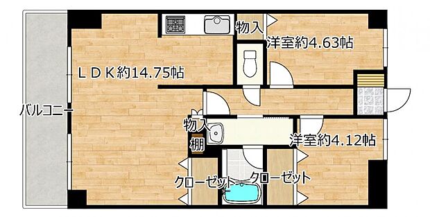 【間取り図】各居室にある収納が魅力の2LDK。バルコニーには専用庭もついています。