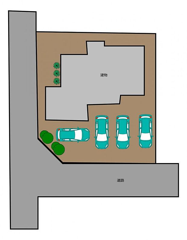 区画図になります。南側に並列3台、横に1台分の駐車スペースがございます。