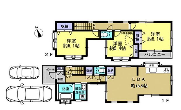 【リフォーム完成済】リフォーム完成後の間取図です。1階はリビング約13.5帖、2階は約6.1帖の洋室が2部屋と約5.4帖の洋室があります。各居室に収納スペースがあります。