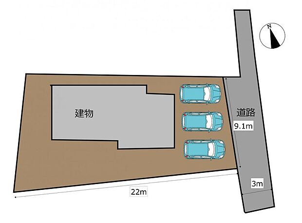 【区画図】駐車場は3台駐車可能です。間口が約9ｍあり、塀がない為、駐車のしやすくなっております。
