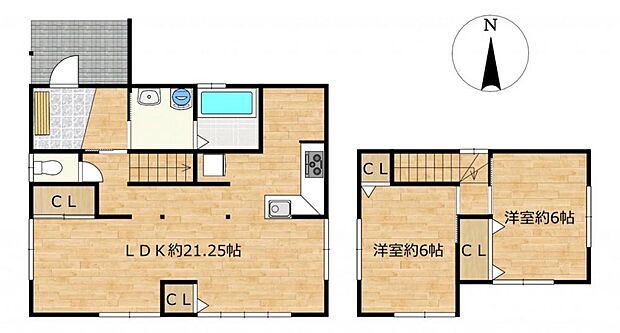 【間取図】1階にLDKと水回り、2階に2つの居室がございます。和室は全てフローリング張りの洋室へと変更いたしました。