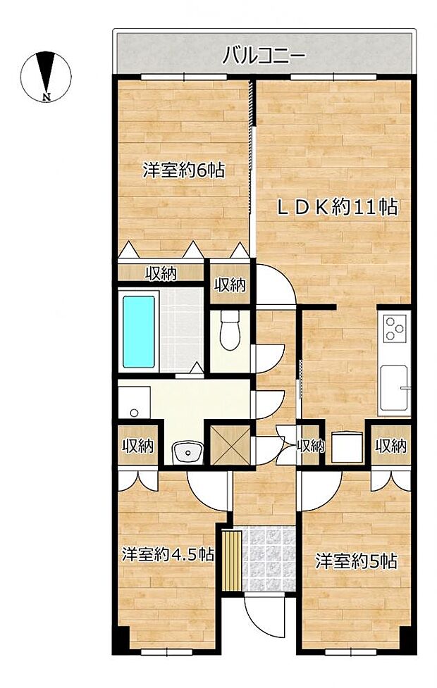 【リフォーム後間取図】3LDKマンションです。浴室拡張を行い、1坪サイズへとリフォームします。和室は洋室へとリフォームいたします。