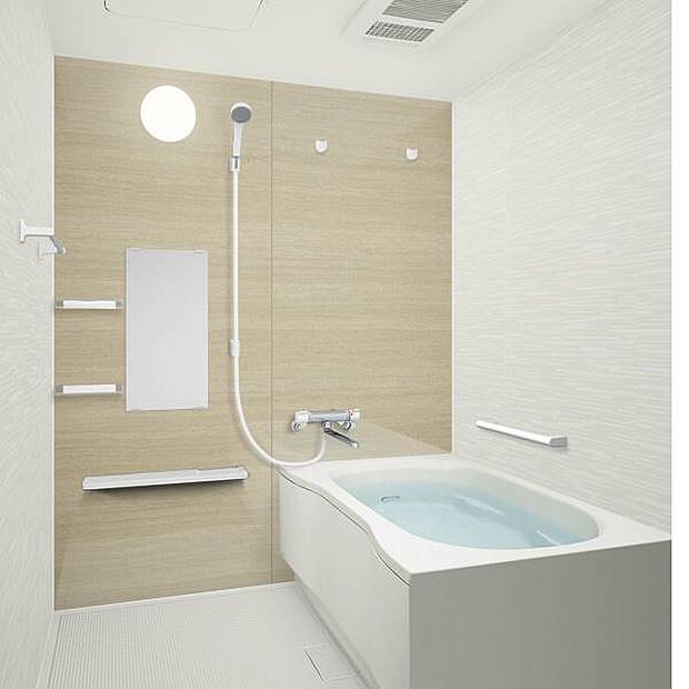 【同仕様写真／ユニットバス】浴室はハウステック製の新品のユニットバスに交換します。浴槽には滑り止めの凹凸があり、床は濡れた状態でも滑りにくい加工がされている安心設計です。