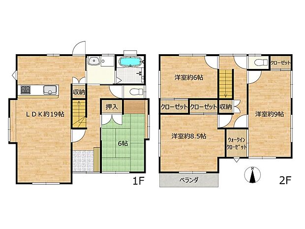 【リフォーム済】間取り図　1階にLDKと和室、2階に洋室3部屋の4LDKです。ご家族で生活しやすい間取です。