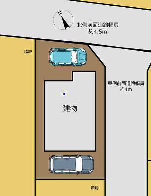 【リフォーム済】区画図です。建物の北側と南側にそれぞれ1台ずつ車を駐車することができます。