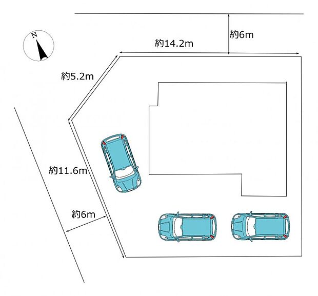 【リフォーム中】  敷地図　敷地約76.9坪の角地は駐車3台がゆったりと駐車できる仕様。 ？？