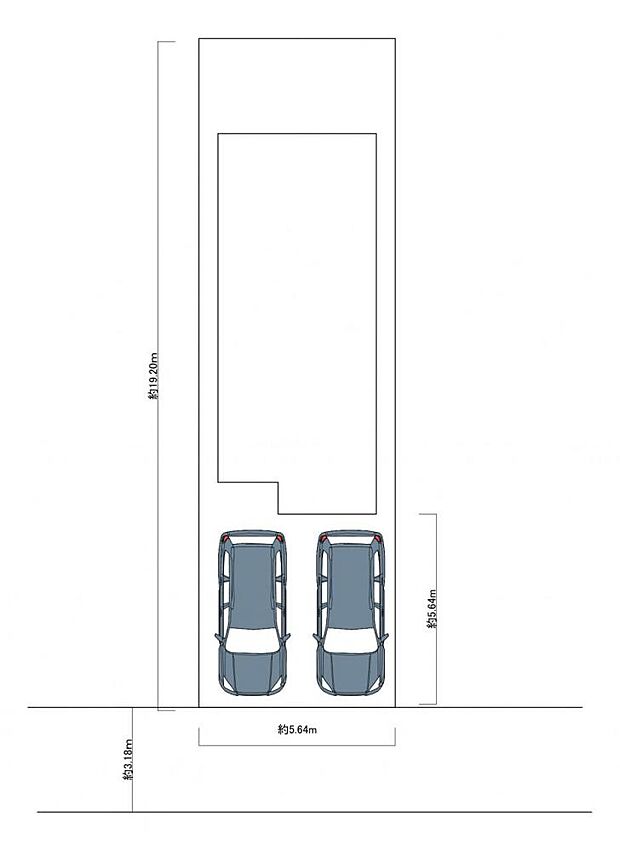 区画図です。前面道路の幅員は約3.18ｍと狭いですが、駐車場は間口約5.6ｍ×奥行約5.6ｍあります。並列駐車ができるのは嬉しいですね。