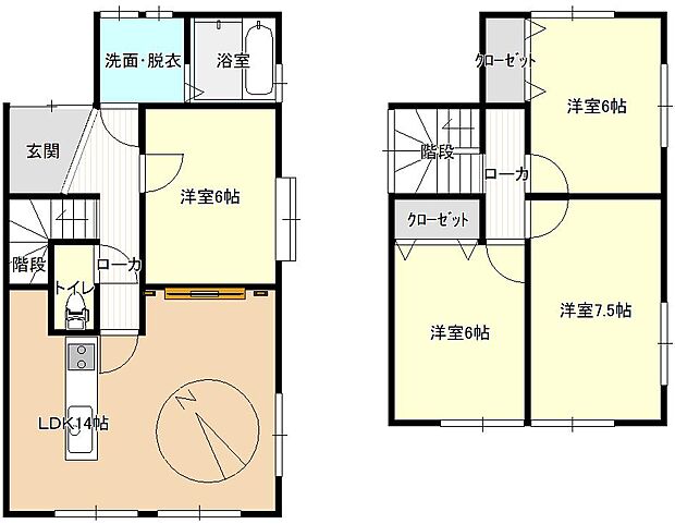 【間取り図】和室二室の部分をLDKに変更予定となっております。対面キッチンになるようキッチンの場所も変更するようにいたします。