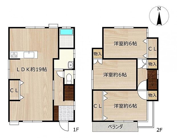 【間取図】リフォーム後の間取り図です。1階は既存和室とダイニングキッチンをつなげ、約20帖のLDKに間取り変更しました。コンパクトですが、各居室に収納があり、夫婦世帯やファミリーでも居住可能な3LDK
