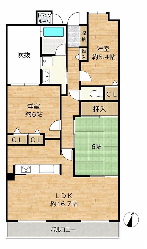 【間取図】3LDKの間取です。管理規約に定められている専有部分の給排水管に漏水や故障があった場合は、弊社が引き渡しから2年間保証します。