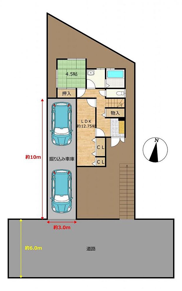 【区画図】土地と道路の関係図になります。縦列で駐車2台停めることができます。