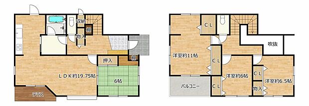 【間取り図】20帖近いリビングのある4LDKのお家です。2階の和室には書斎もあり、全居室6帖の使いやすい間取ですね。