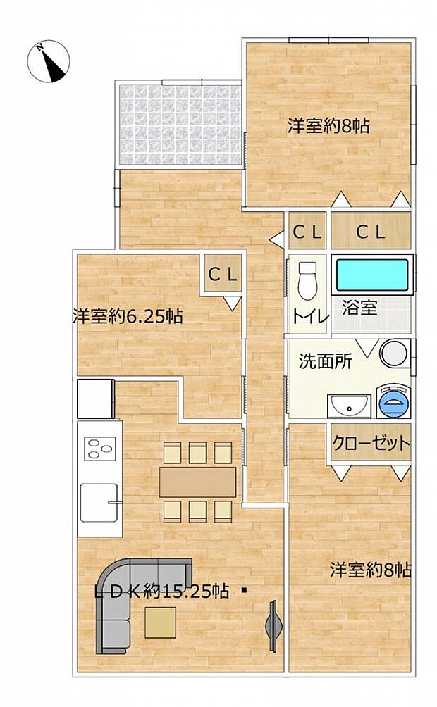 【間取り図】リフォーム後の間取り図です。平屋の3LDKの間取りで、各居室6畳以上に変更しました。