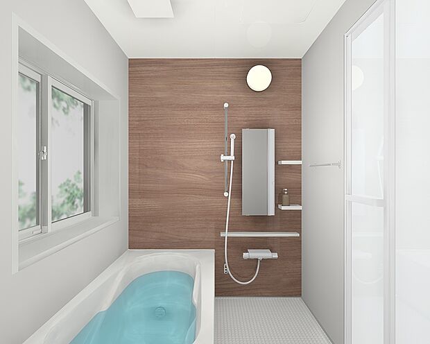 【同仕様写真】浴室はリクシル製の新品のユニットバスに交換します。浴槽には滑り止めの凹凸があり、床は濡れた状態でも滑りにくい加工がされている安心設計です。