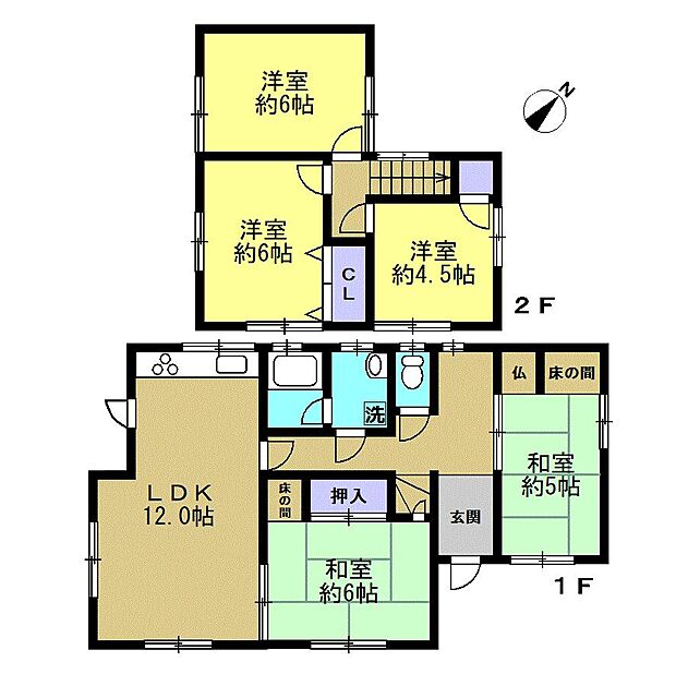 【リフォーム後間取り】5LDK のおうちです。1階に和室が2部屋、2階に洋室が3部屋ございますので、4人家族におすすめです。