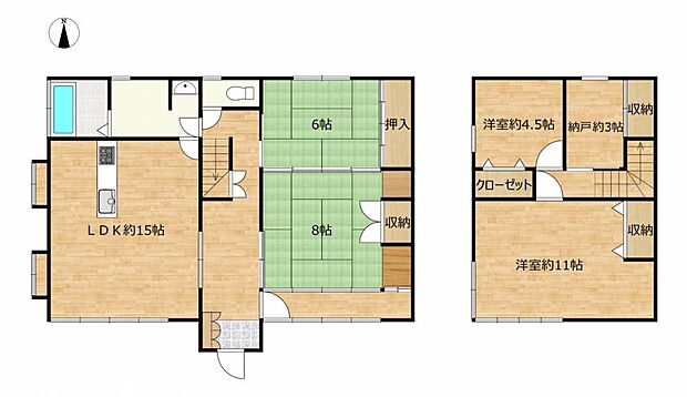 【間取り図】4SLDKのお家です。和室と洋室がそれぞれ二部屋ずつあるので、色々なニーズに応えた使い方のできる間取です。