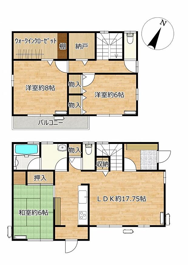【間取図】3SLDKの住宅です。1階はリビングに対面キッチン、和室。2階は洋室2部屋、納戸です。