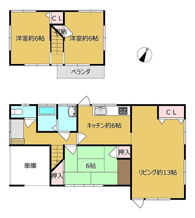 【リフォーム後間取図】1階北東側の和室続き間は約13帖のリビングに変更、1階南西側の6帖洋室はビルトインガレージにしました。