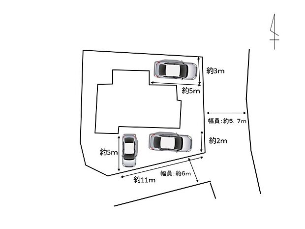【区画図】庭側に駐車スペースを拡張して、計3台分の駐車スペース作成予定です。