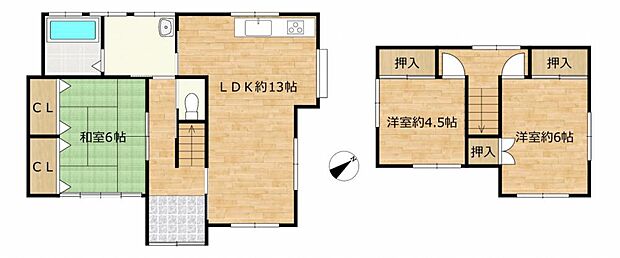 【間取り図】間取りは3LDKの二階建てです。各部屋に収納があるので、部屋を広く使える間取りになっています。