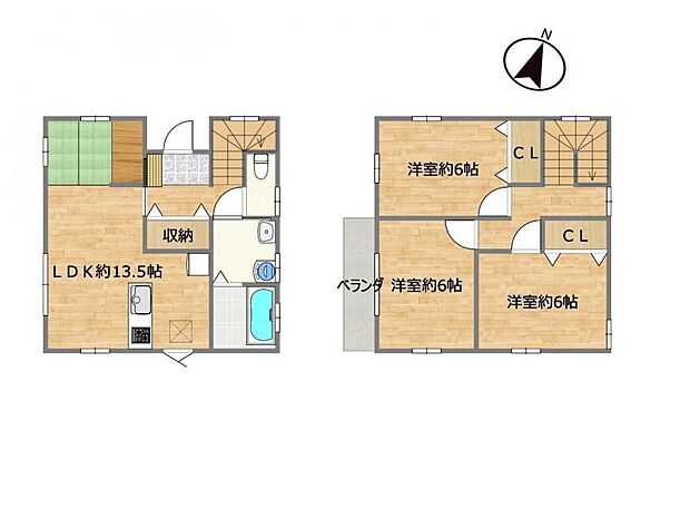 【間取り図】間取り図です。3LDKの住宅は2〜4人の暮らしにぴったりですね。全居室6帖以上あるのでお部屋を広くご利用頂けますよ。