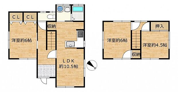 【間取り図】LDKの拡張工事を行い、3LDKに変更します。各居室に収納がある住宅です。