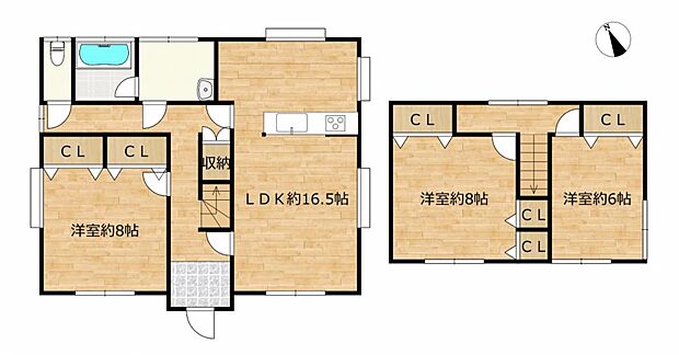 【間取り図】3LDKのオウチ。全室南向きに面しており、各居室収納付で6帖以上ございます。