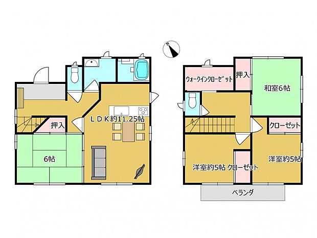 【間取り図】ハウスメーカー施工の4SLDKの間取りです。1階はLDKと6畳和室、2階は6帖洋室が二部屋と6畳和室が一部屋です。