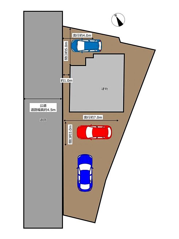敷地の区画図です。北側に駐車場が1台、南側に2台以上駐車可能です。駐車場の間口も約3mと出し入れしやすいですよ。